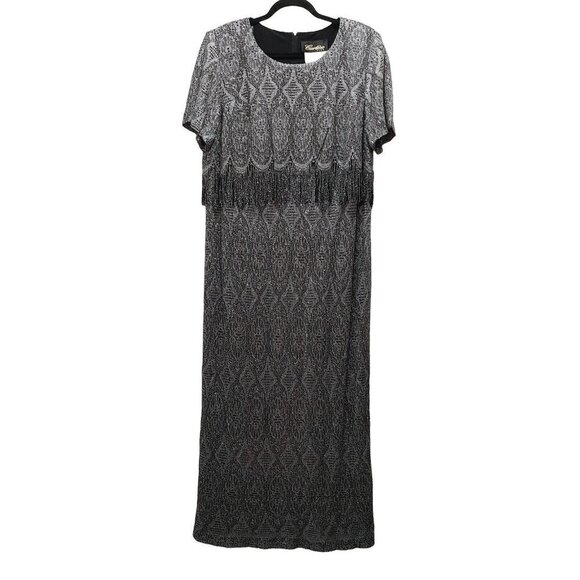 Vintage Cartise Plus Women's Silver Maxi Dress w/Fringe  Short Sleeve Size 14 - Picture 1 of 4